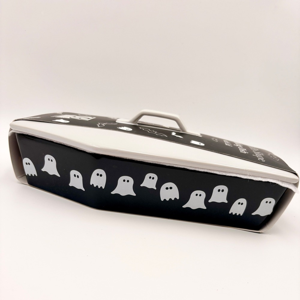 Zrike Brands Coffin Shape Baking Dish w Lid Black Pink Ghost Halloween Ceramic